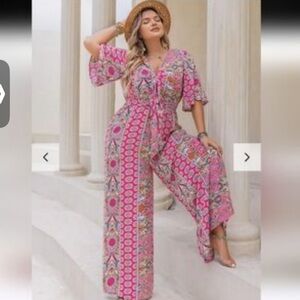 Bohemian Wide-Leg Pink Floral Jumpsuit